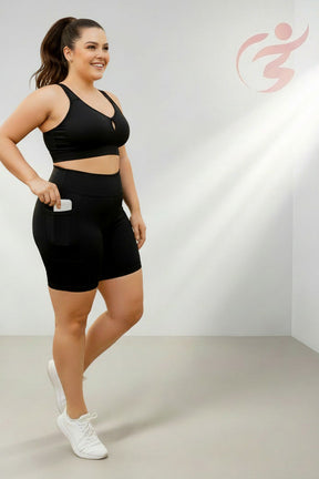 Bermuda Feminina Plus Size Fitness Com Bolso e Cós Alto