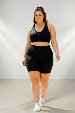 Bermuda Feminina Plus Size Fitness Com Bolso e Cós Alto