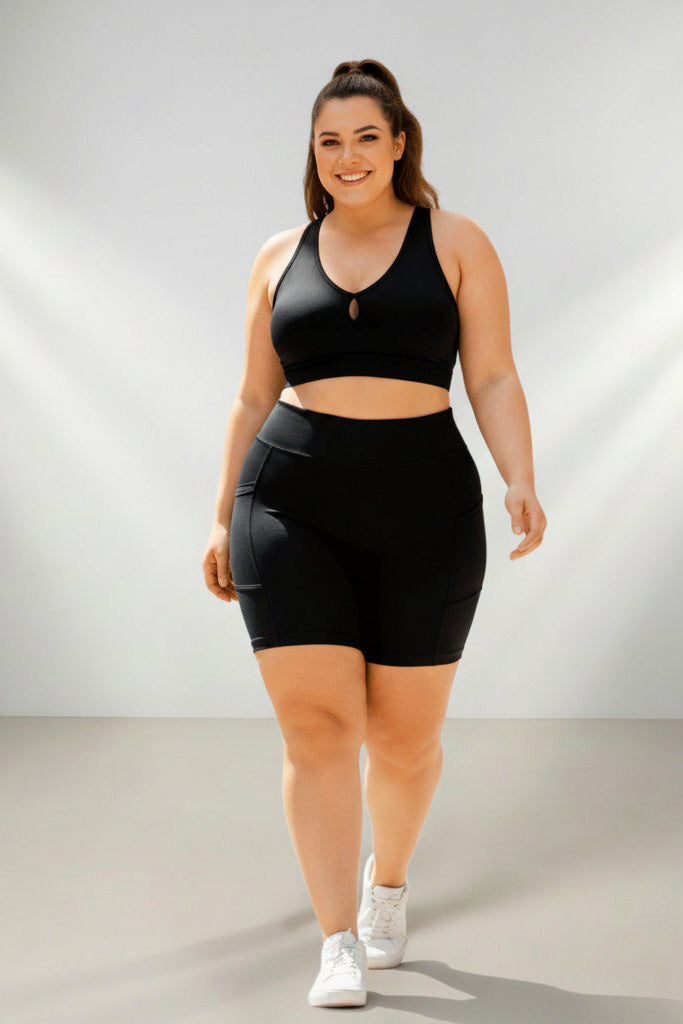 Bermuda Feminina Plus Size Fitness Com Bolso e Cós Alto