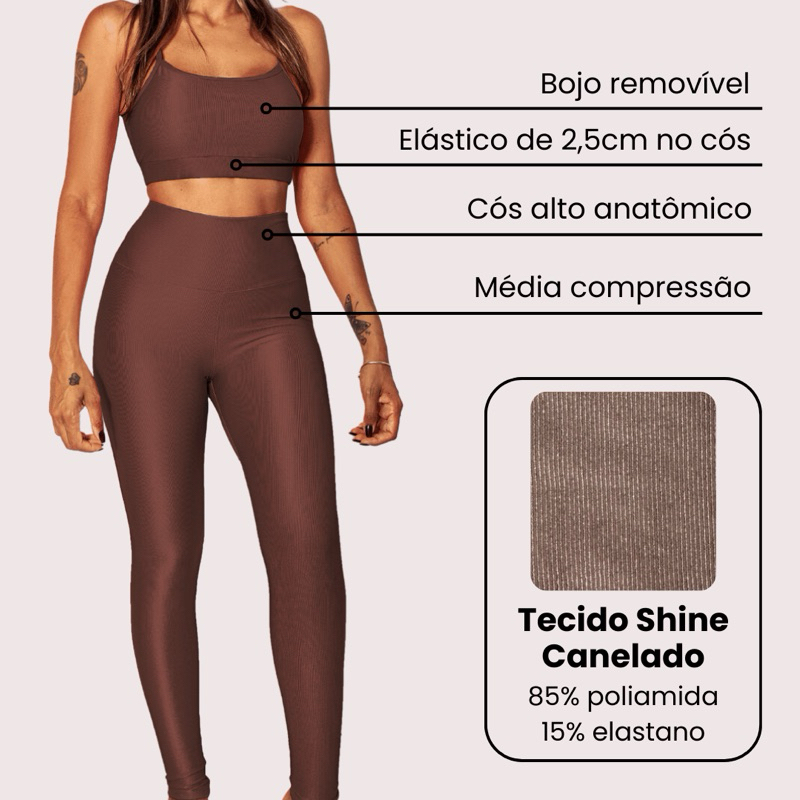 Conjunto Shine Top + Legging Cintura Alta Feminino Micro Canelado Bojo Removível