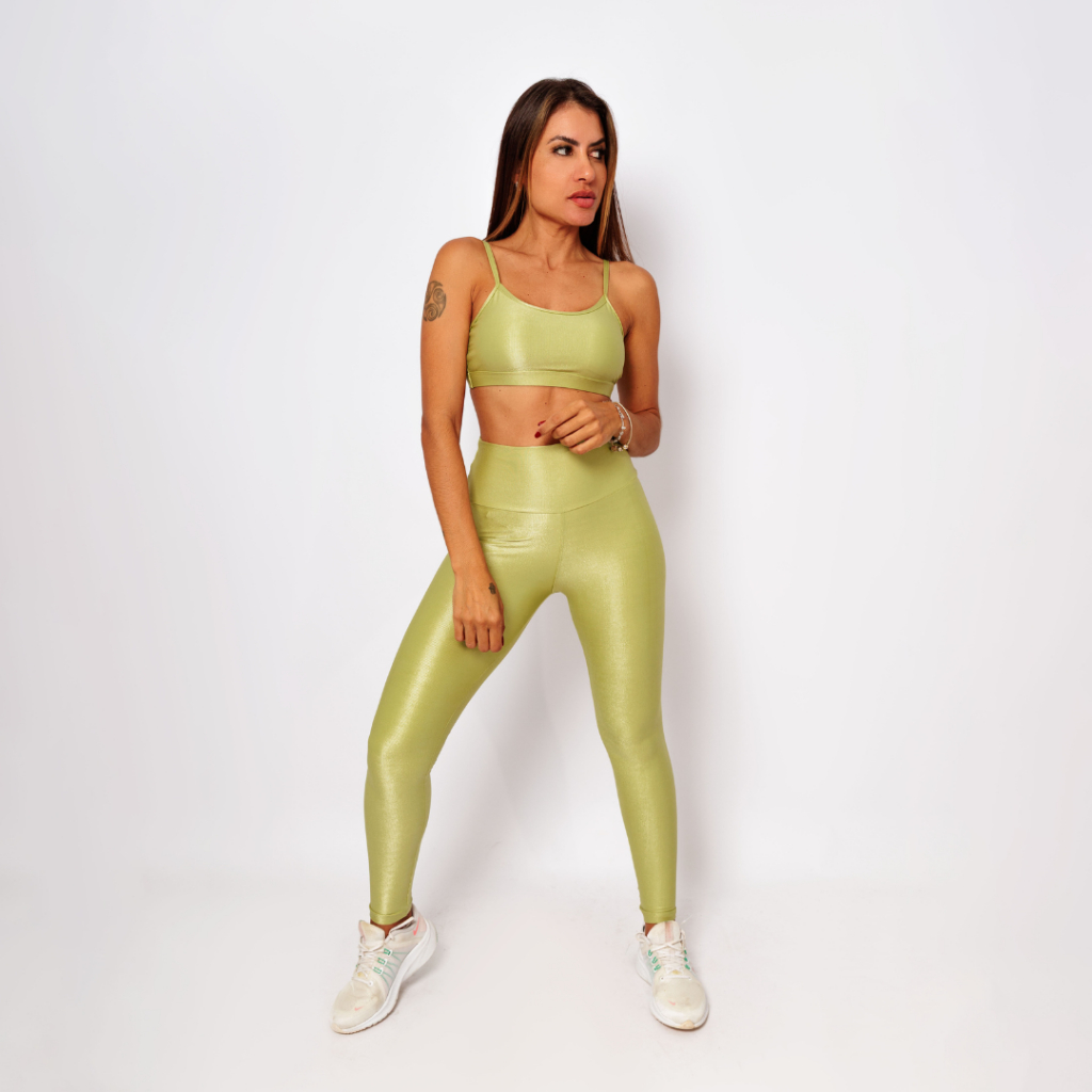 Conjunto Fitness Top e Legging Cintura Alta Canelado