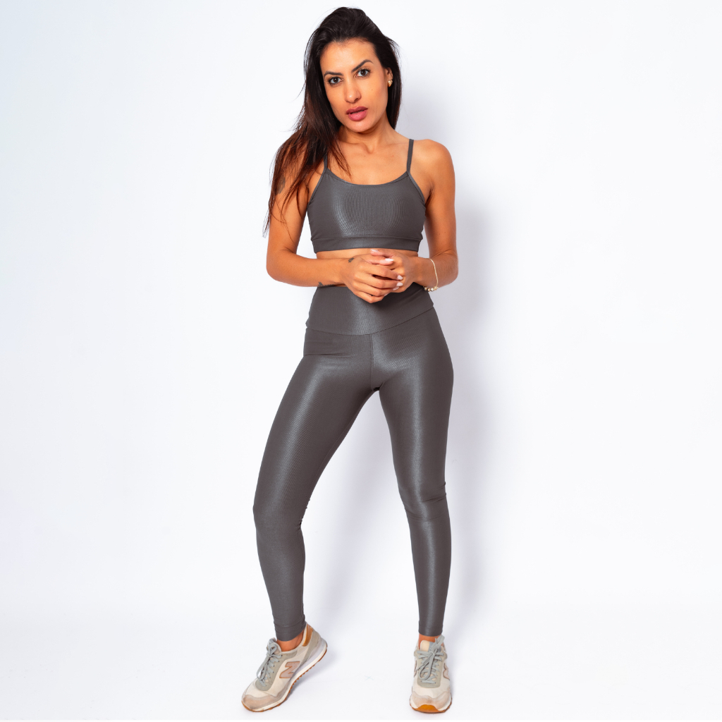 Conjunto Fitness Top e Legging Cintura Alta Canelado