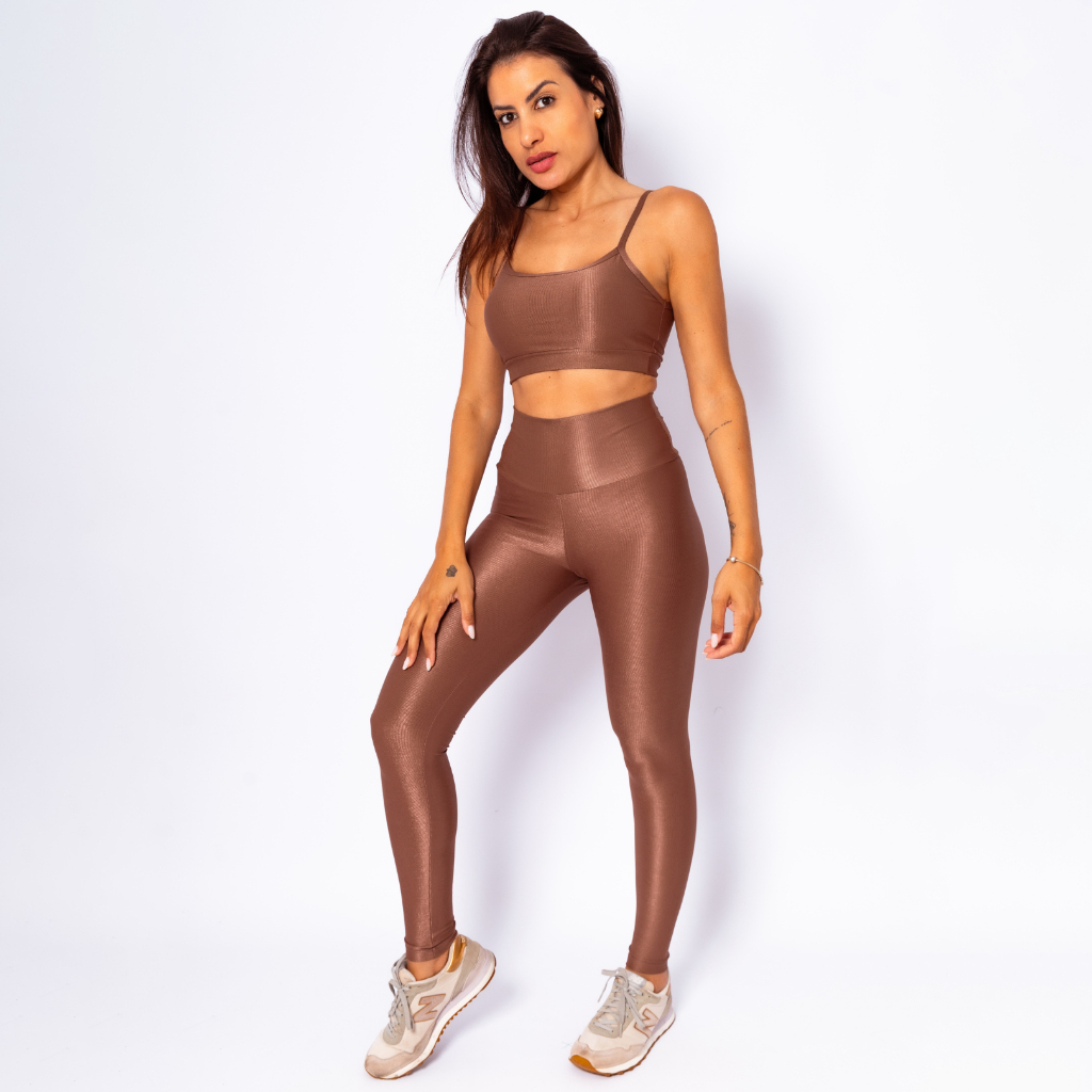 Conjunto Fitness Top e Legging Cintura Alta Canelado